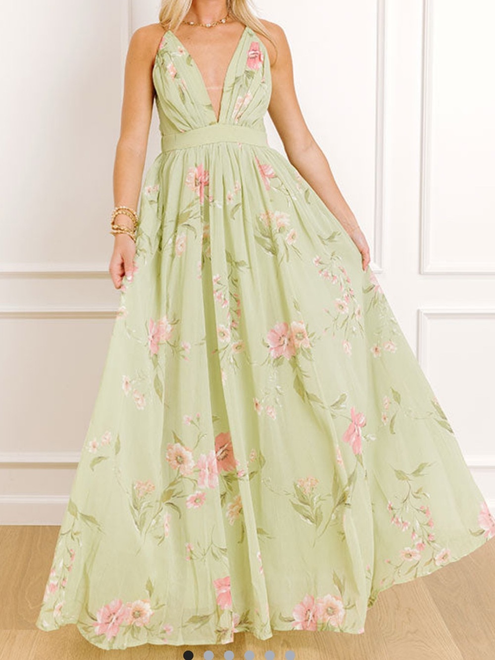 Impressions Light Green Floral Maxi Dress with Pink Accents